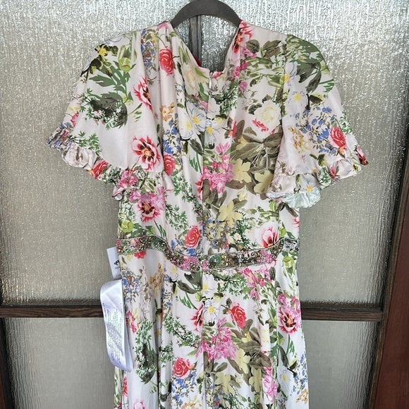 Mac Duggal FLORAL PRINT FAUX WRAP FLUTTER SLEEVE A LINE GOWN size 12 $498 - Picture 12 of 13